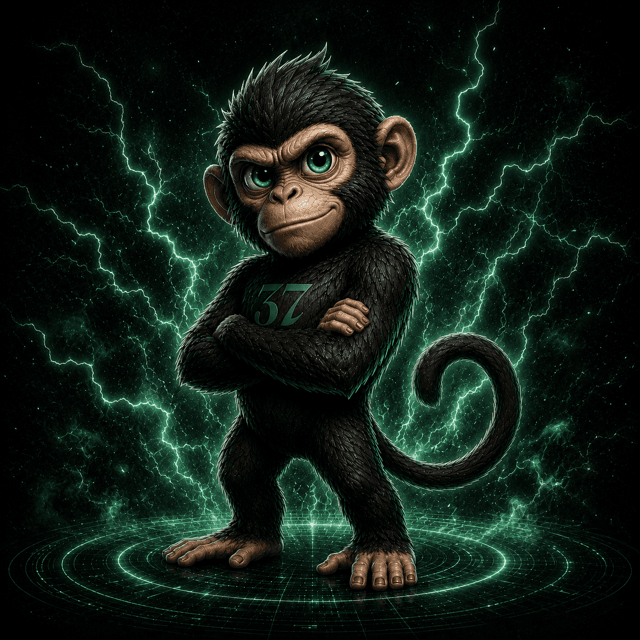 Chat37-mascotte: een aap met het 37-teken op de borst en groene gloed